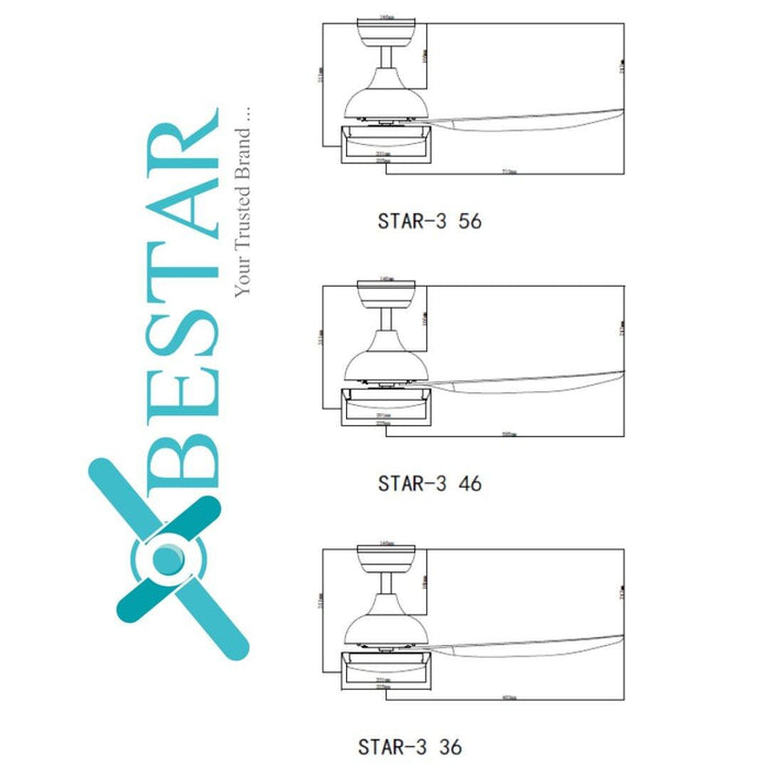 BESTAR MODEL STAR 3 36 / 46 / 56 Inch DC Motor Ceiling Fan with 3 tone LED Light - DWHOME