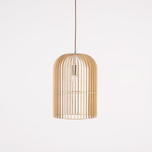 Wooden bird cage pendant light.