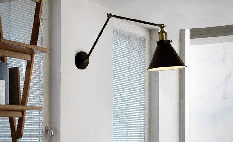 Black Cone Shade Wall Light Sconce With Long Arm.