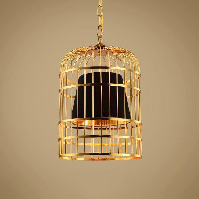 Brass Colour Bird Cage With Black Shade Pendant Light.