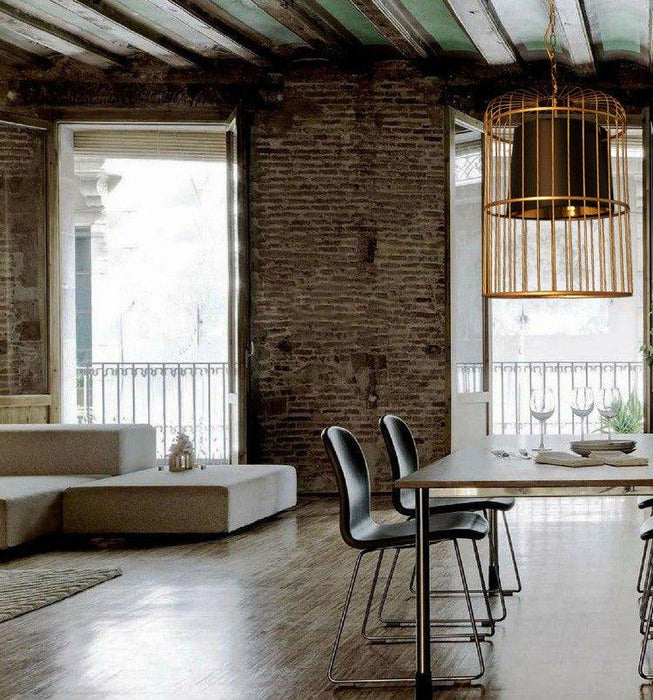 Brass Colour Bird Cage With Black Shade Pendant Light.