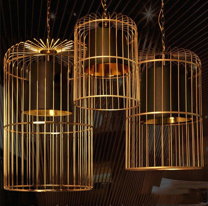 Brass Colour Bird Cage With Black Shade Pendant Light.