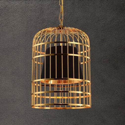 Brass Colour Bird Cage With Black Shade Pendant Light.