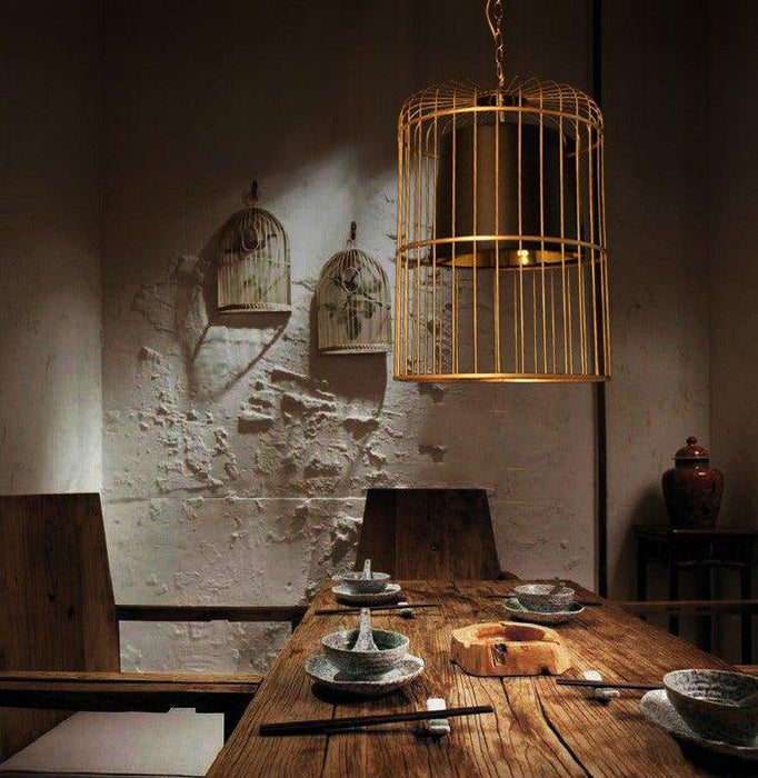 Brass Colour Bird Cage With Black Shade Pendant Light.