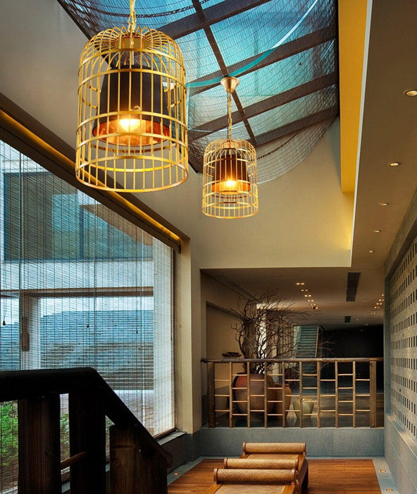 Brass Colour Bird Cage With Black Shade Pendant Light.