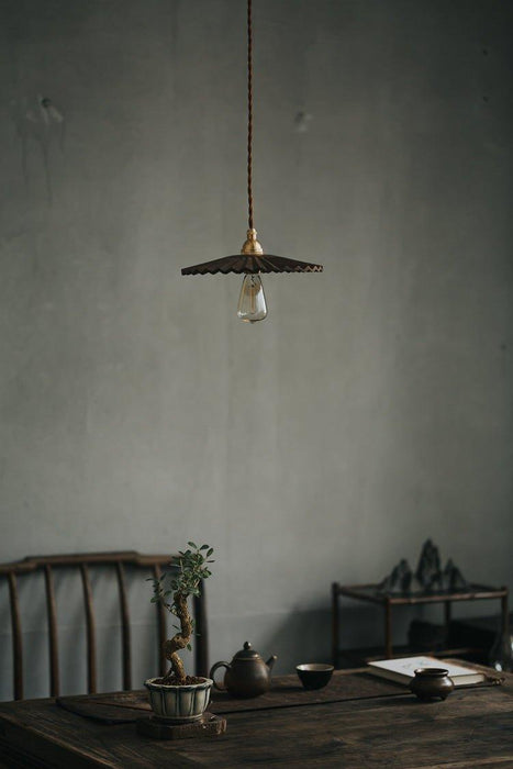 Caffeine fluted walnut wooden shade pendant light.