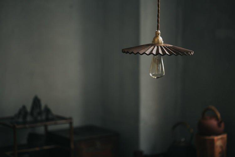 Caffeine fluted walnut wooden shade pendant light.