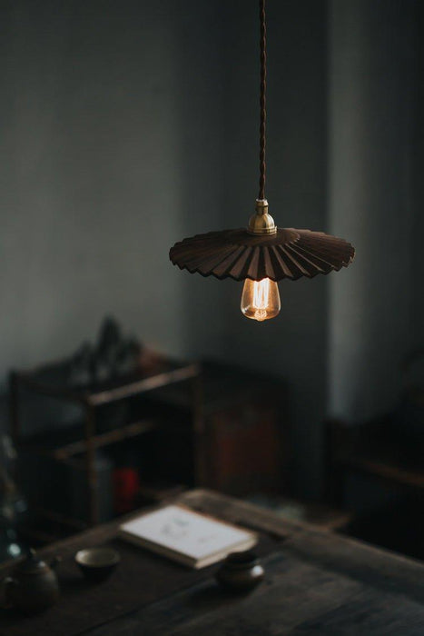 Caffeine fluted walnut wooden shade pendant light.