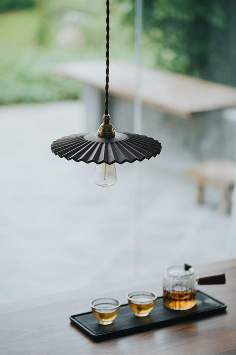 Caffeine fluted walnut wooden shade pendant light.