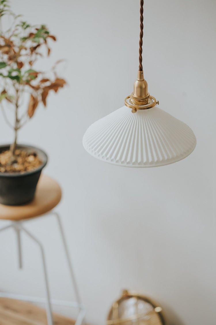 Eden Fluted White Shade With Brass Fitting midcentury Pendant Light-DWHOME