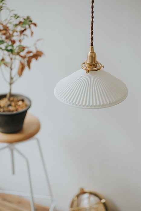 Eden Fluted White Shade With Brass Fitting midcentury Pendant Light.