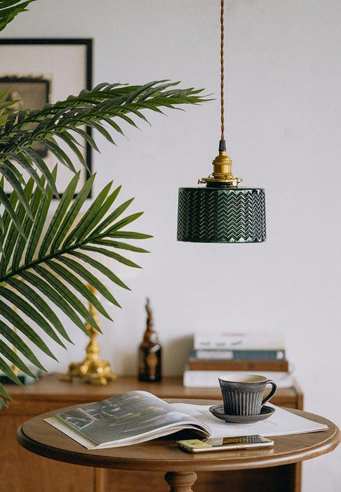 Emerald Fluted Dome Glass With Brass Fitting Art Deco Pendant Light.