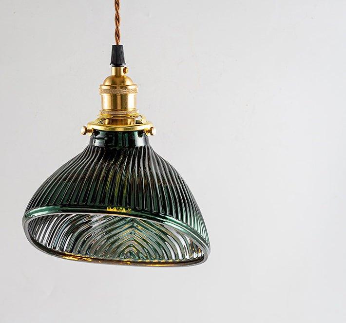 Emerald Green Fluted Shell Glass Art Deco Pendant Light.