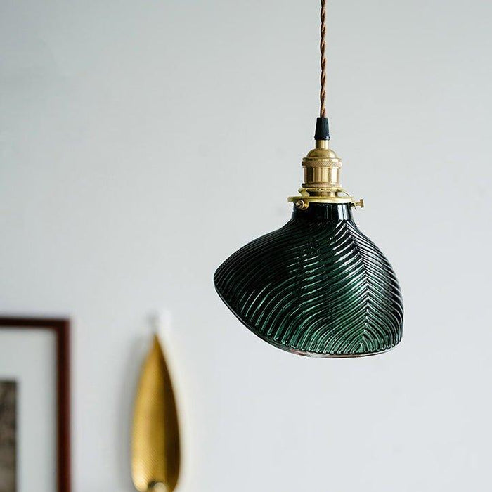 Emerald Green Fluted Shell Glass Art Deco Pendant Light.