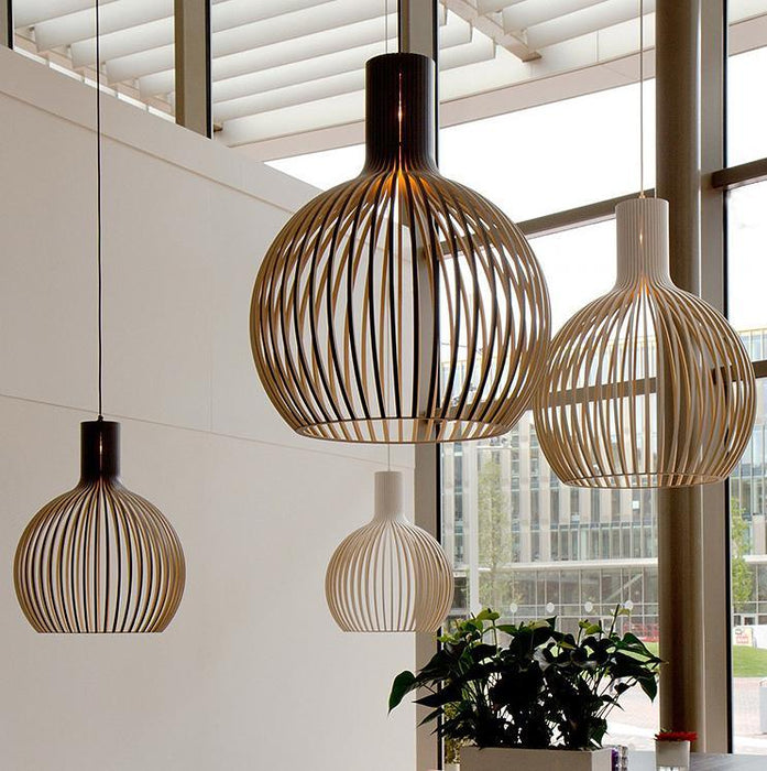 LED Wood Bird Cage Pendant Light.