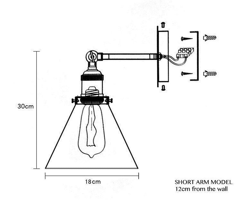 Glass Cone Shade Wall Light. Industrial Retro Styled Bedside Light.-DWHOME