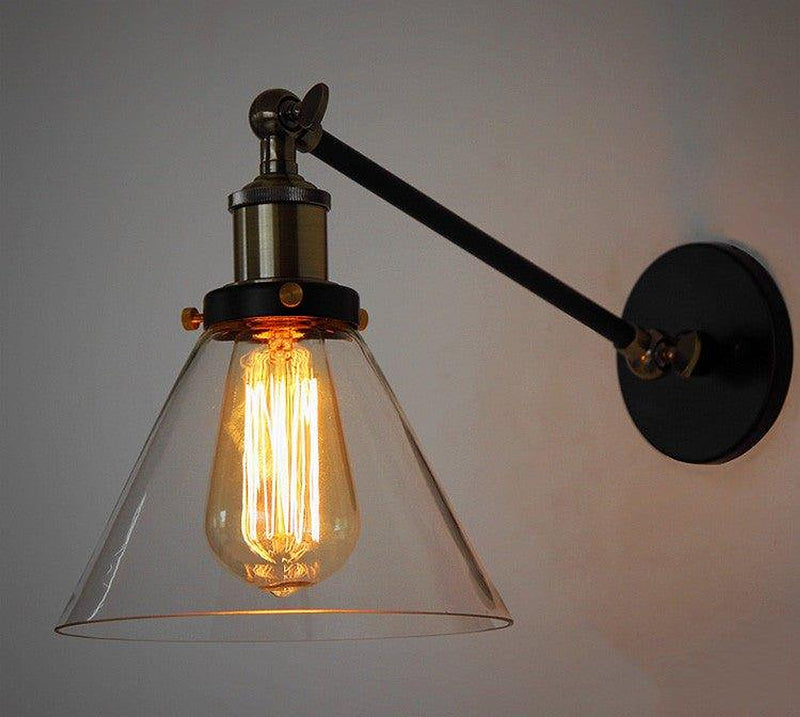 Glass Cone Shade Wall Light. Industrial Retro Styled Bedside Light.-DWHOME