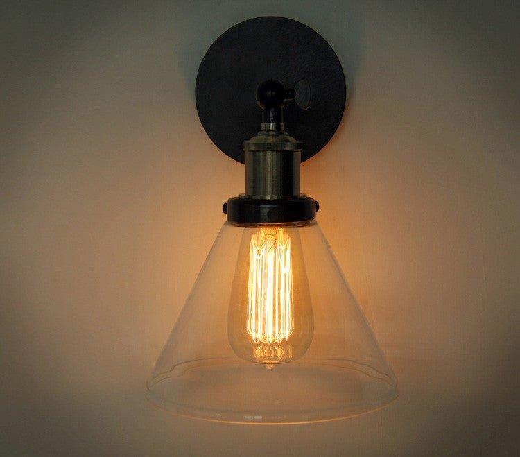 Glass Cone Shade Wall Light. Industrial Retro Styled Bedside Light..