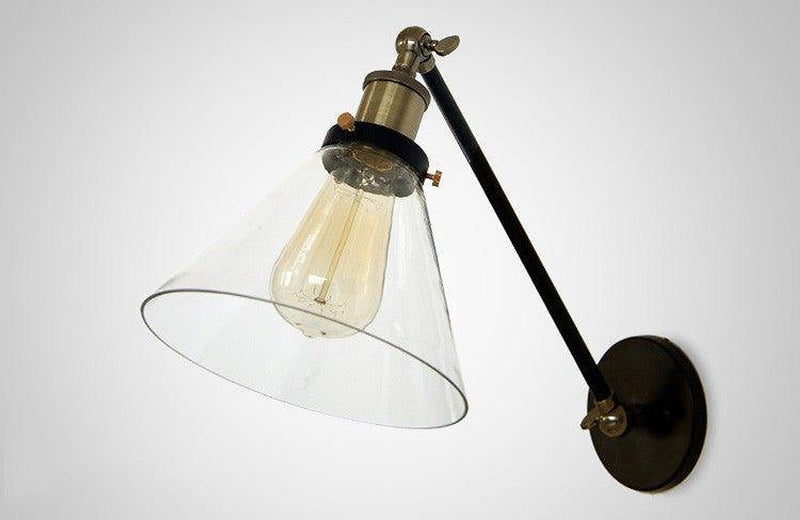 Glass Cone Shade Wall Light. Industrial Retro Styled Bedside Light.-DWHOME