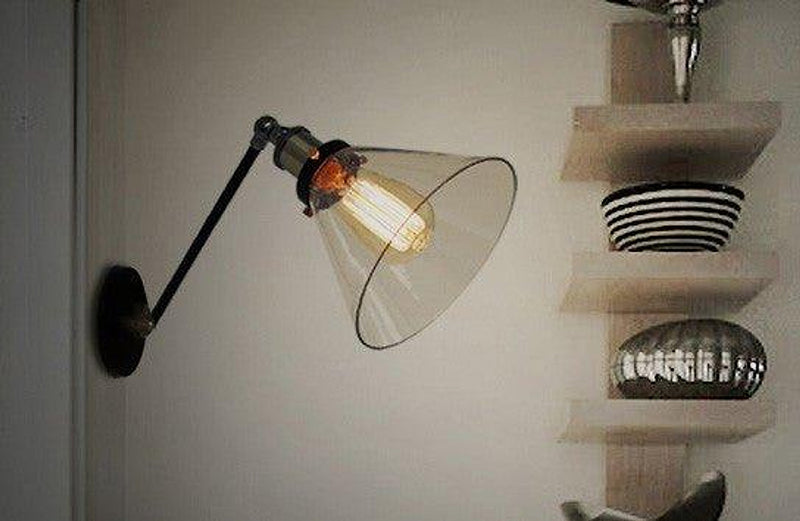 Glass Cone Shade Wall Light. Industrial Retro Styled Bedside Light.-DWHOME