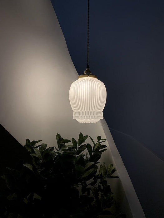 Greta fluted frosted glass mid century modern pendant light.