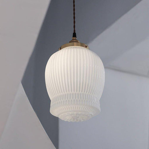 Greta fluted frosted glass mid century modern pendant light.