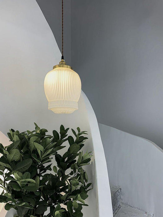 Greta fluted frosted glass mid century modern pendant light.