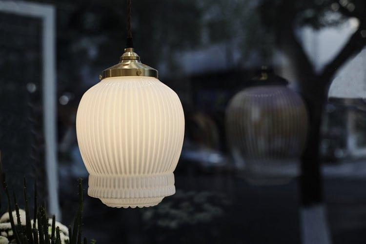 Greta fluted frosted glass mid century modern pendant light.