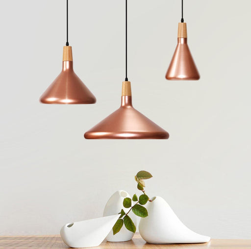 Kopar Minimalist Copper Brass Coloured Shade And Wooden Pendant Light.