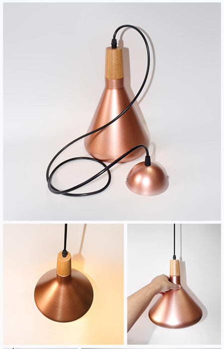 Kopar Minimalist Copper Brass Coloured Shade And Wooden Pendant Light.