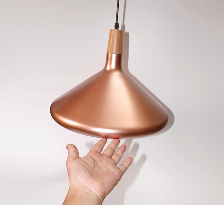 Kopar Minimalist Copper Brass Coloured Shade And Wooden Pendant Light.