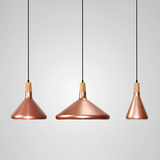 Kopar Minimalist Copper Brass Coloured Shade And Wooden Pendant Light.