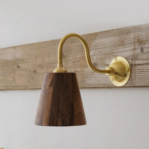 Oberon Wooden Shade Brass gooseneck arm Wall Light.